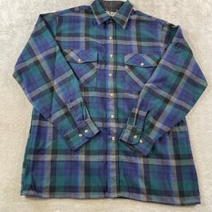 Vintage Backpacker Flannel Shirt Jacket Men Blue Green Plaid Flap Outdoor Casual
